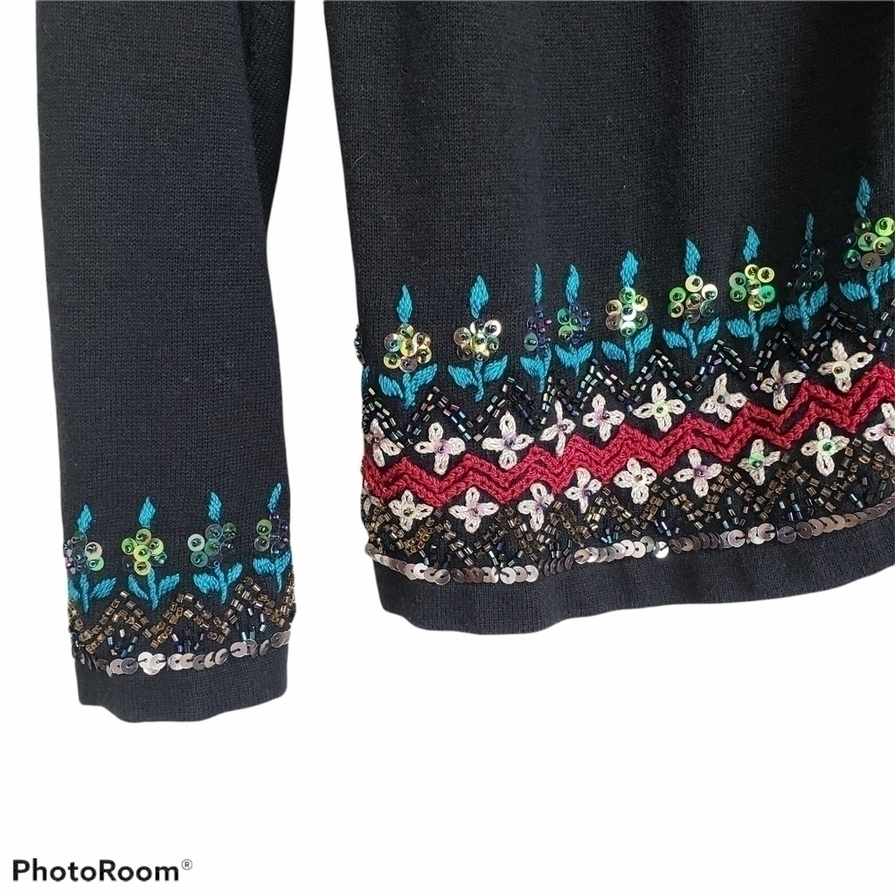 Bohemian knit sequins embroidered button cardigan black sweater - Picture 4 of 11